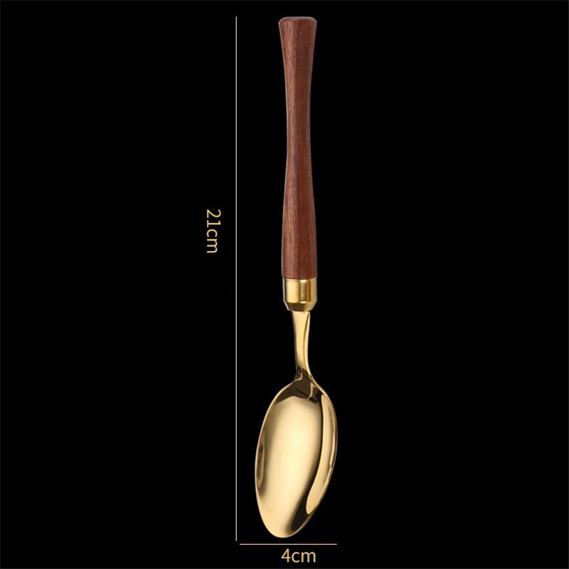 1 Pc Houten Handvat Roestvrij Staal Bestek Westerse Servies Servies Lepels Theelepels Vork Messen Thuis Keukengerei: Gold Spoon