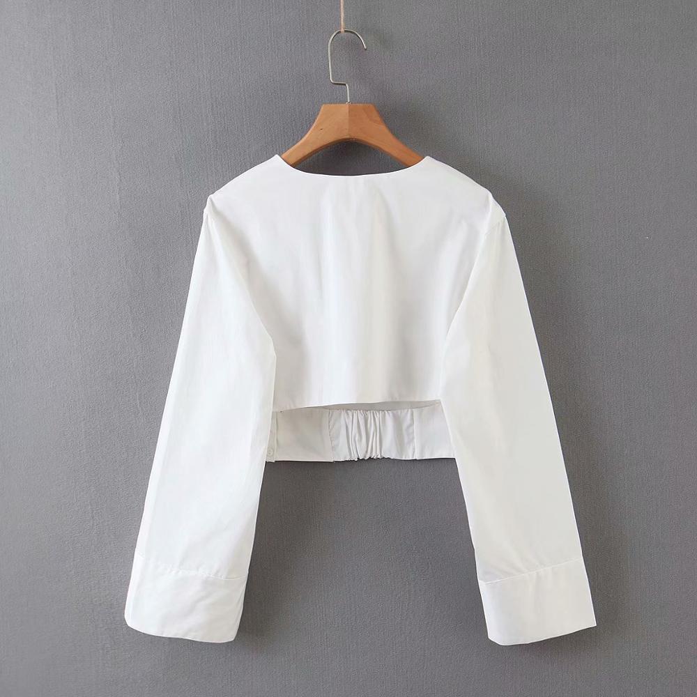 Blusa corta informal para mujer, color blanco, con cuello de pico cruzado, blusa de manga larga para mujer, camisas sin espalda, tops crop LS6541,