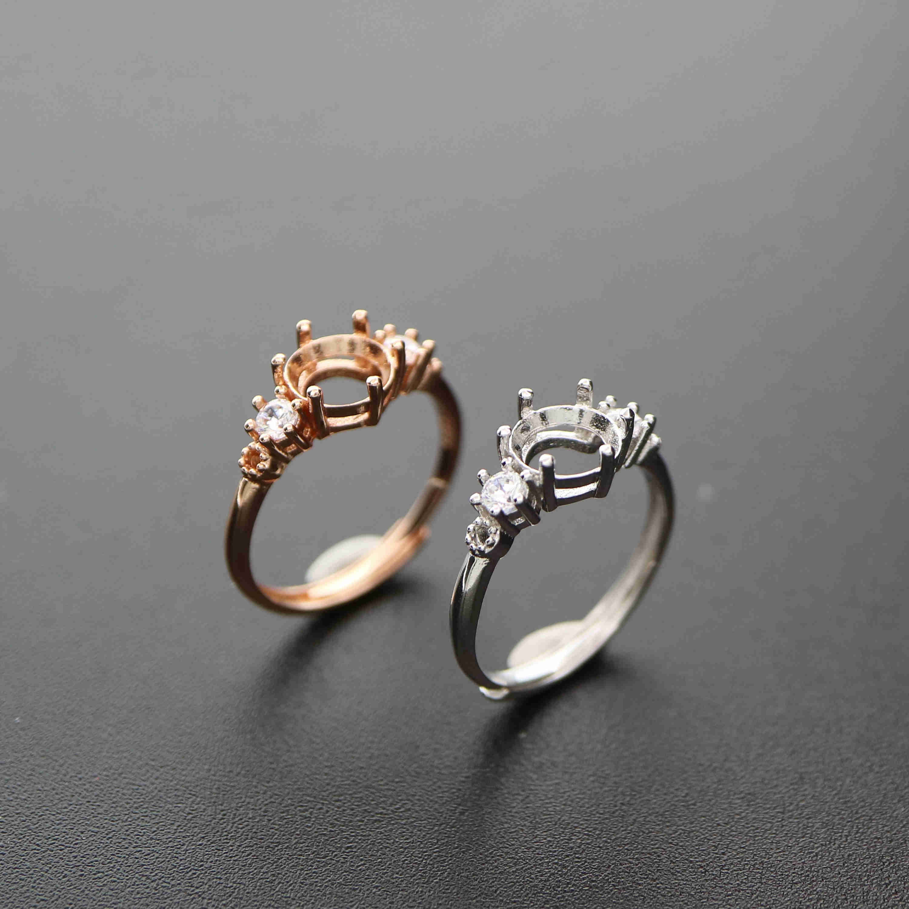 3-8MM round simple rose gold silver Gems CZ stone prong bezel solid 925 sterling silver adjustable ring settings 1210034