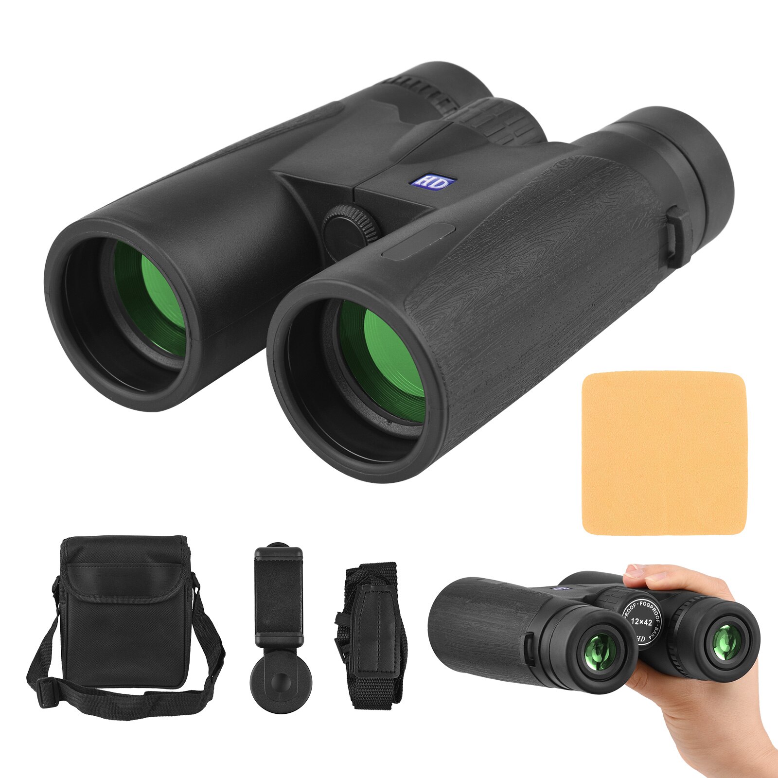 12X42 HD Fernglas Teleskop Leben Tragen Tasche Telefon Clip Reinigung Tuch für Sport Veranstaltungen Vogel Beobachten Tierwelt Betrachtung Camping