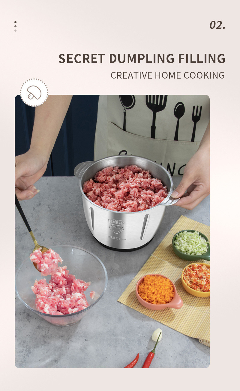 Elektrisk köttkvarn 2l nötköttskross 304 rostfria multifunktionella grönsaksskärare mathackare kökstillbehör