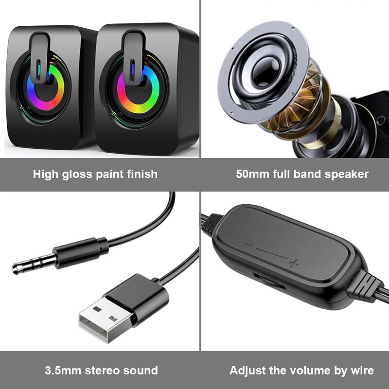Computerhøjttalere pc lydboks hifi stereomikrofon usb kablet højttaler med led-lys til stationær computer og bærbare computere