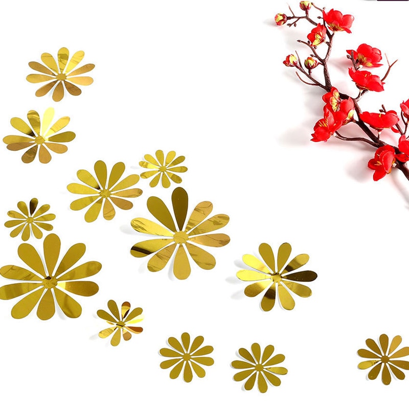 12 stk/sæt 3d spejl blomst wallstickers guld sølv lilla fest bryllup indretning til boligdekorationer klistermærke på væggen