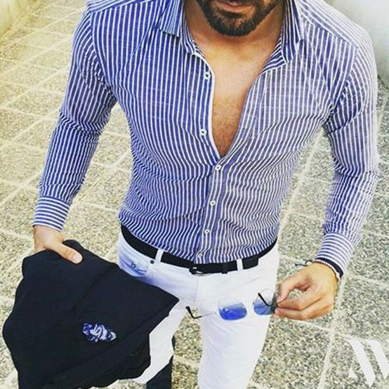 Miesten luksus tyylikäs slim fit business rento paita uusin sprintti syksy yksinkertainen raita pitkähihaiset paidat topit