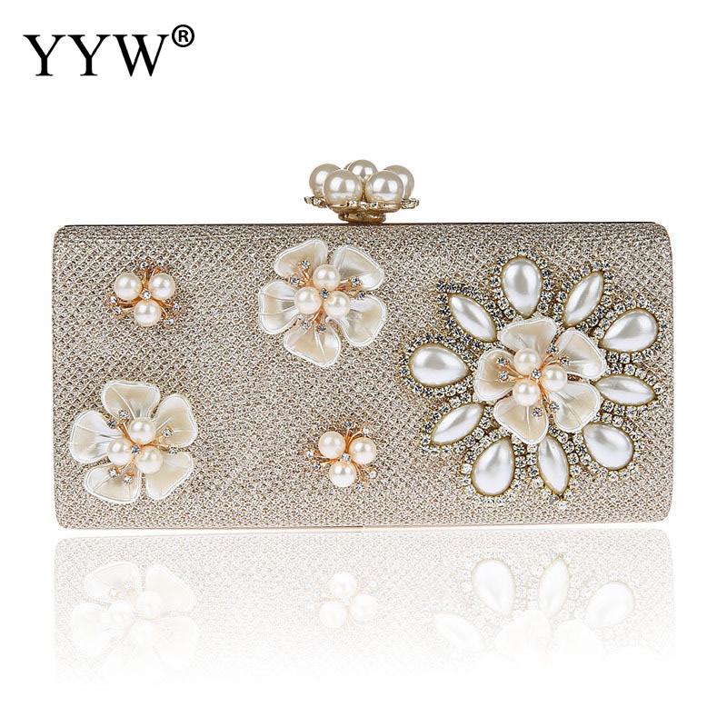 Mode Vrouwen Koppeling Zakken Met Strass Parel Trendy Wedding Bolsa Feminina Zinklegering Bloemen Mini Dag Koppelingen Luxe Tassen: champagne