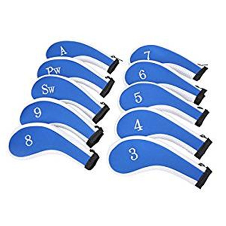 10Pcs Rubber Neoprene Head Cover Golf Club Iron Putter Protect Set Number Printed with Zipper Long Neck Iron Covers: Blue White