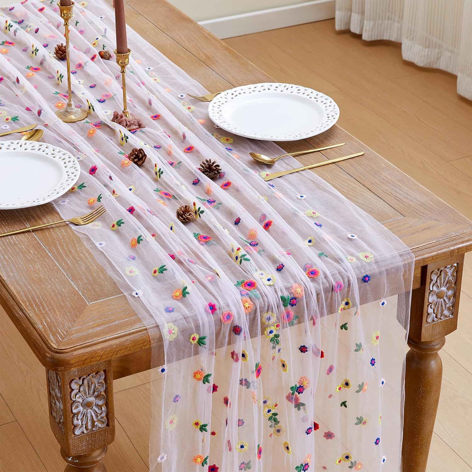 Bieżnik na stół w kwiaty, haftowana stokrotka, sezonowa dekoracja stołu, tiulowa tkanina robić dekoracji domu, niemowlę prysznic, imprez, rękodzieła DIY