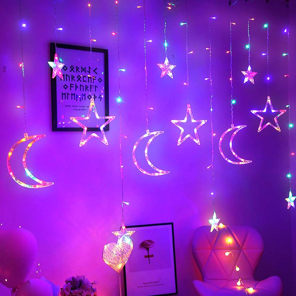 2.5M 3.2M 8 Work Modes Christmas Decoration garland LED Fairy Lights Star And Moon Curtain Light String Party Decor Lamp: Star and Moon RGB