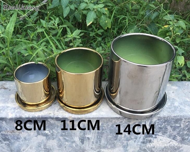 Cylindrical Flower Pot Luxury Electroplated Gold Silver Ceramic Flower Pot Plant Decorion Home Garden Desktop Decorion