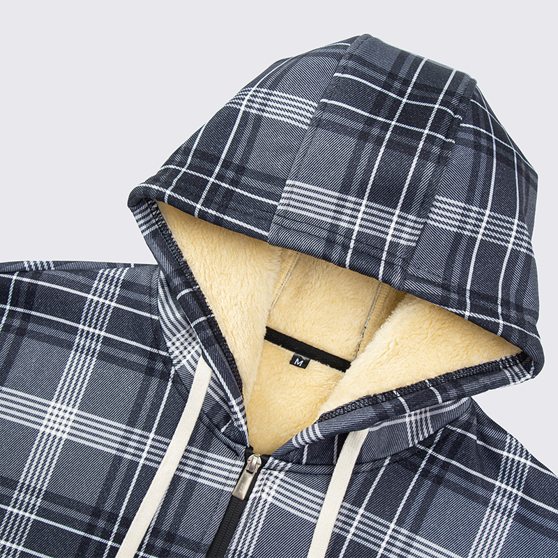 Chaqueta con capucha holgada de manga larga a cuadros de algodón grueso de lana de cordero de invierno para hombre