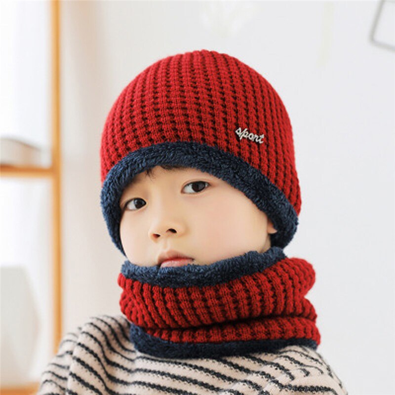 2Pcs Children baby boys hats+scarf sets Kids Patchwork Knitted wool keep Warm beanie caps fitted soft panama bonnet Winter A40