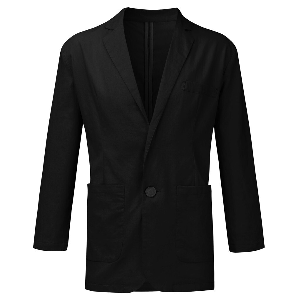 Blazer herredress slim fit linblanding lomme solid langermet dress blazer topper høst vinter yttertøy med knapper: Svart / Xxxl