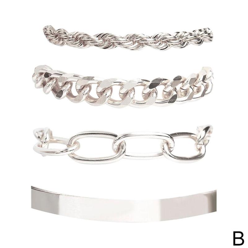 4Pcs/Set Hip Hop Cuban Punk Bracelet Alloy Bracelet Metal Twisted Rope Chain Bracelet Boho Jewelry For Women: silver