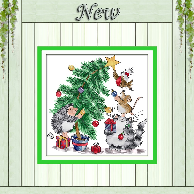 Kerstcadeau kat muis Egel vogel schilderen geteld print op canvas kruissteek DMC 14CT 11CT Handwerken Set Borduur kits