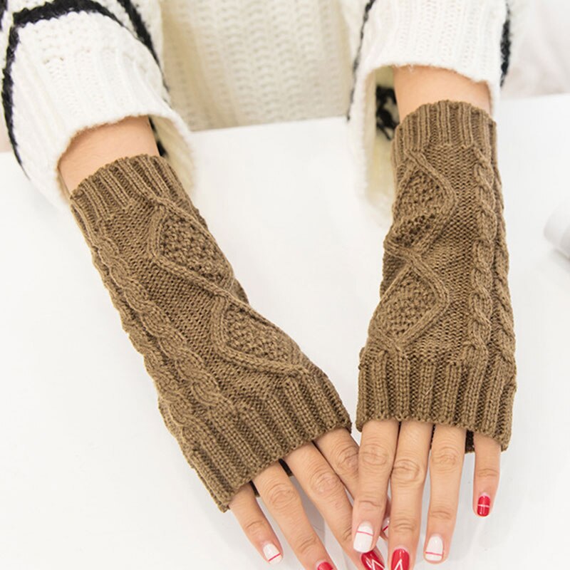 Solide vinterhandsker kvinder strikkede fingerløse damerhandsker armvarmer vanter handsker vinter varm håndled uld rød sort grå handsker: Khaki