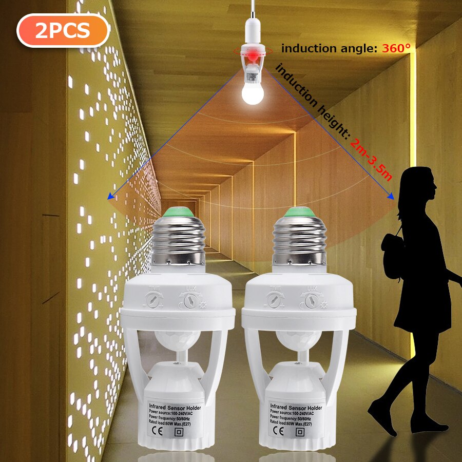 Socket E27 Converter With PIR Motion Sensor Smart Home High Sensitivity Smart Switch E27 Lamp Holder Base For Led Lamp: 2 pcs