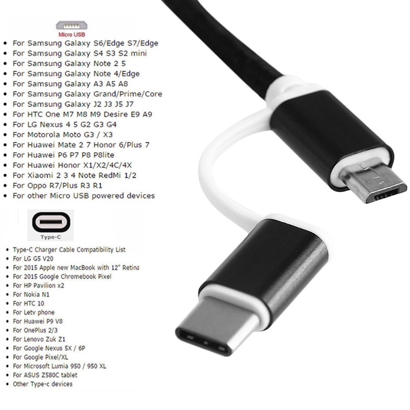 Cable de alimentación 2 en 1 USB 2,0 macho a USB 3,1 tipo C/Micro USB Weave transferencia de datos-Adaptador de PC