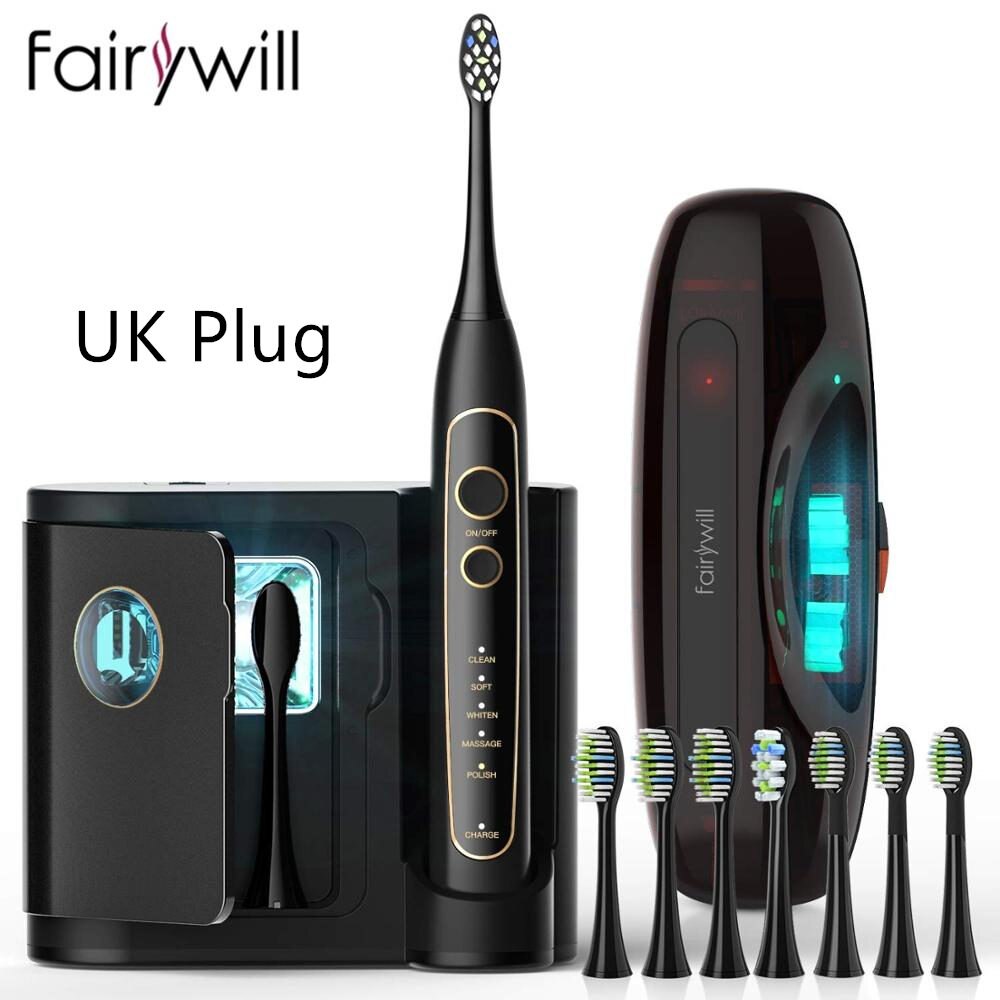 Fairywill-cepillo de dientes eléctrico sónico para adulto, recargable por USB, resistente al agua, 8 cabezales de repuesto