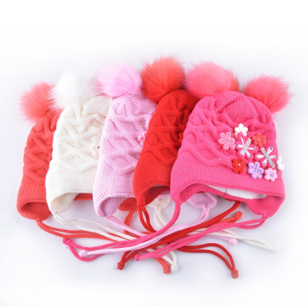 Vinter hatt scarf set för barn härliga pomponger stickad mössa baby flickor tjock stickad fjäril blommor öron klaff mössa barn