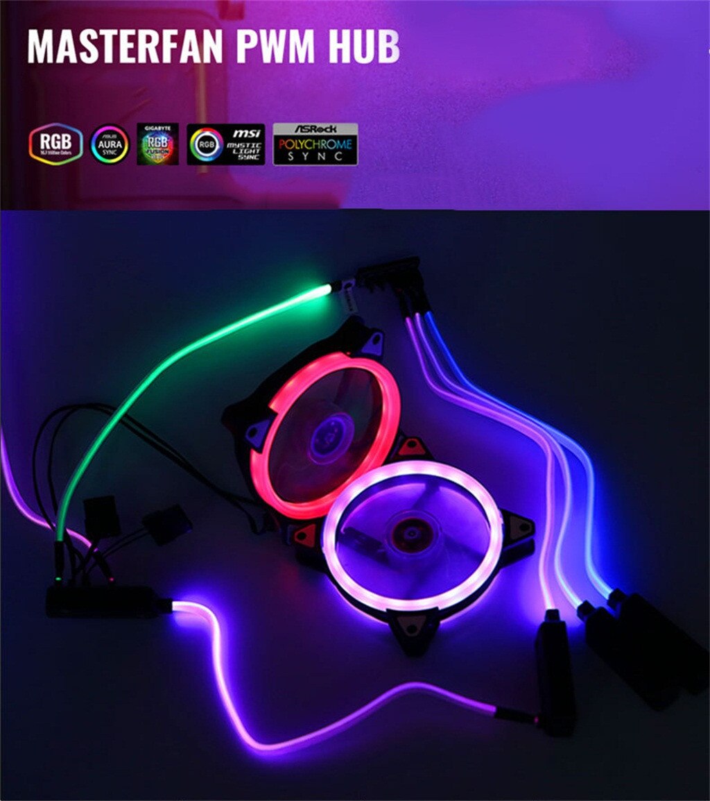 Hub Glow PWM Fans&Cooling Fan Hub PC 5 Way Splitter Sleeved Adapter LED Cable 12V Desktop