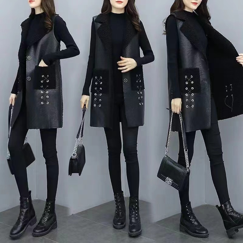 Gilet in pelle PU female2024autunno inverno nuovo gilet lungo giacca senza maniche spessa di alta qualità donna Top Overwear di grandi dimensioni