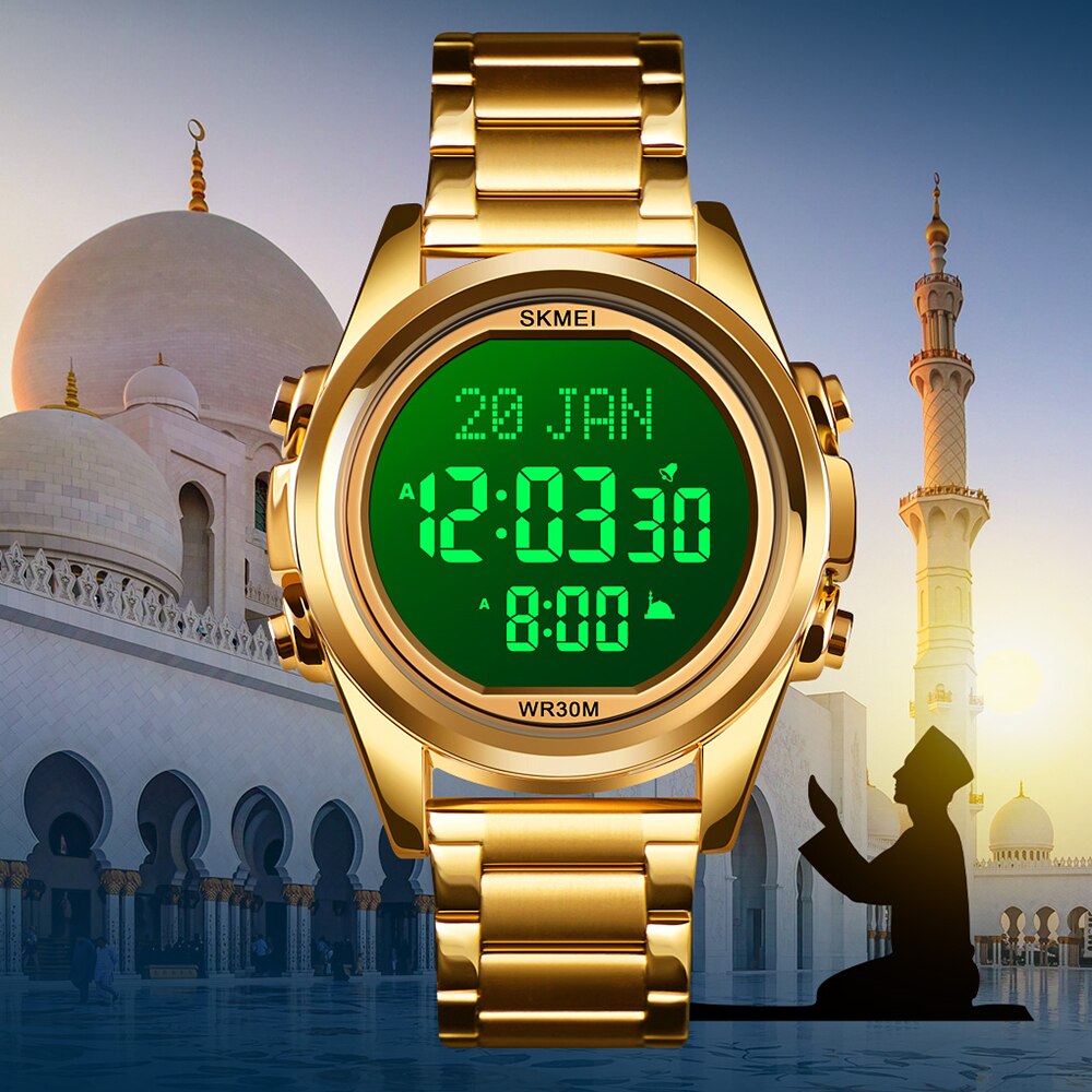 Muslim Digital Watch for Prayer Qibla Compass Hijri Calendar Quran Bookmark City Backlight Men Azan Watches Islamic Wristband