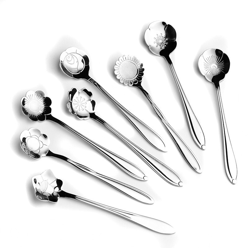 8 Pcs Of Flower Petals Stainless Steel Spoon Teaspoon Various Flower-shaped Dessert Coffee Kitchen Accessory Tool