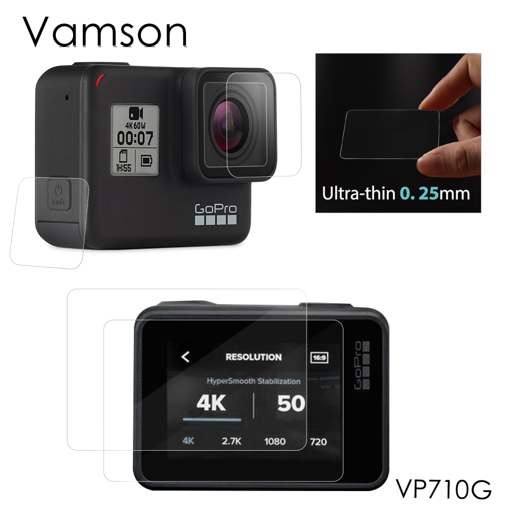 Película protetora vamson para go pro hero 7, película de vidro temperado para gopro capa de cobertura vp710g