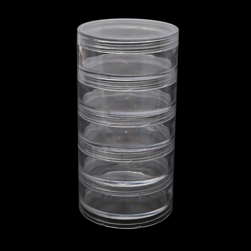 1 sæt 5 -lags cylinder stabelbare perlebeholdere plast rund klar opbevaringsboks til perler knapper håndværk lille genstand: D