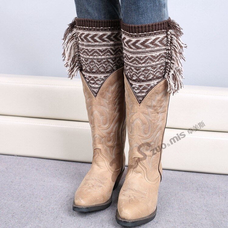 Calentadores de pierna en forma de L para mujer, calentadores de lana con borlas cortas, protección cálida para pantorrilla, medias SA909: Dark Coffee