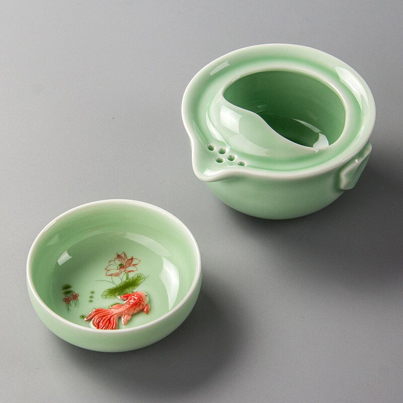 Neue Grün Keramik 3d Karpfen Gaiwan Tee-einstellen Seladon Elegante Kung Fu Teaset Umfassen 1 Topf 1 Tasse, schöNe Einfach Teekanne Wasserkocher: 01