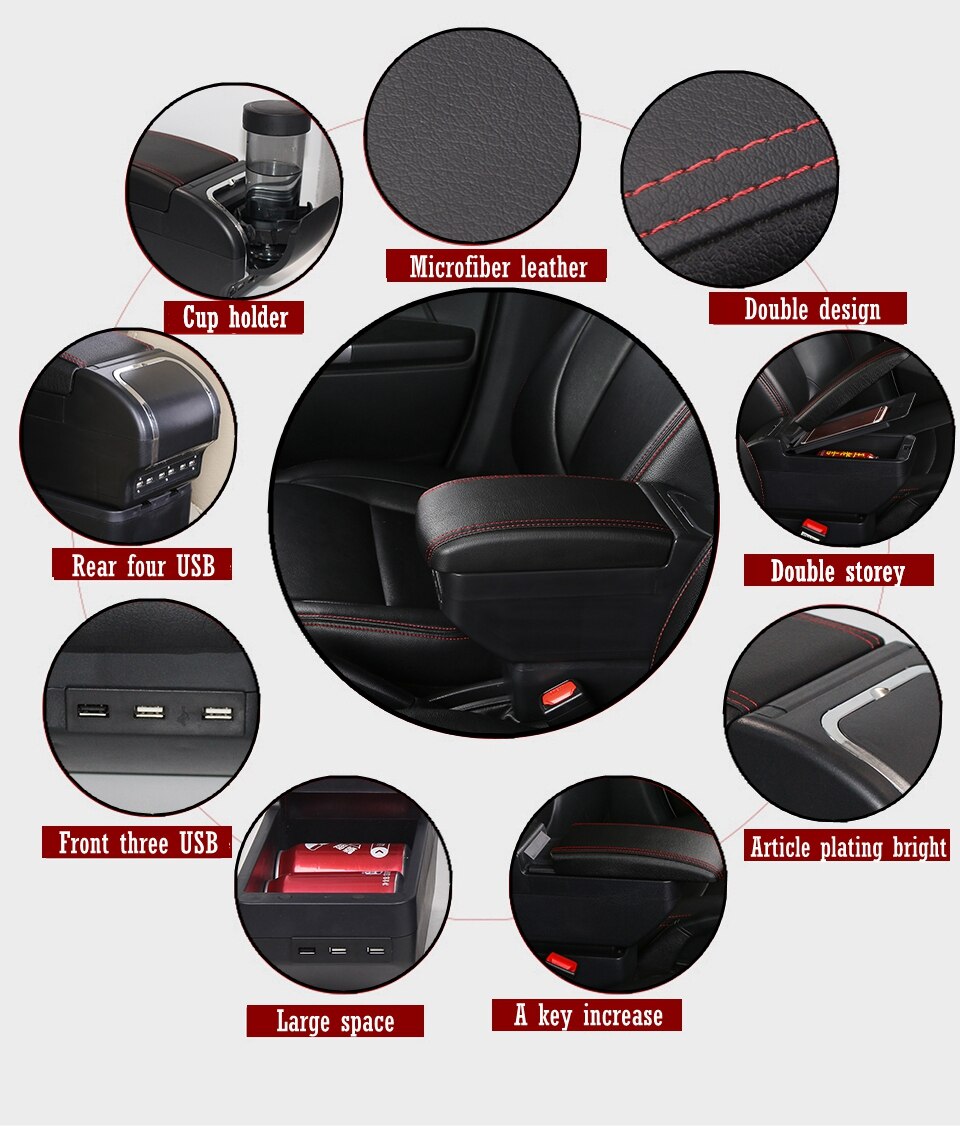 For Nissan Note Armrests central storage box car armrest box modification accessories with USB LED light Easy to install