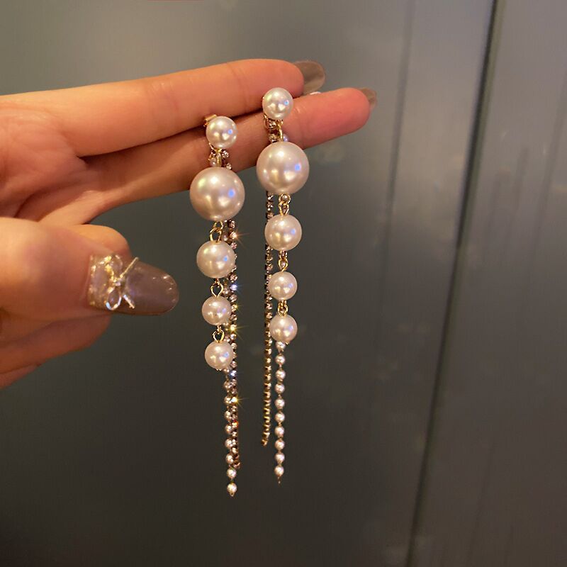 Pendientes de perlas de imitación para mujer, aretes largos con flecos, a la , elegantes, para novia y de boda