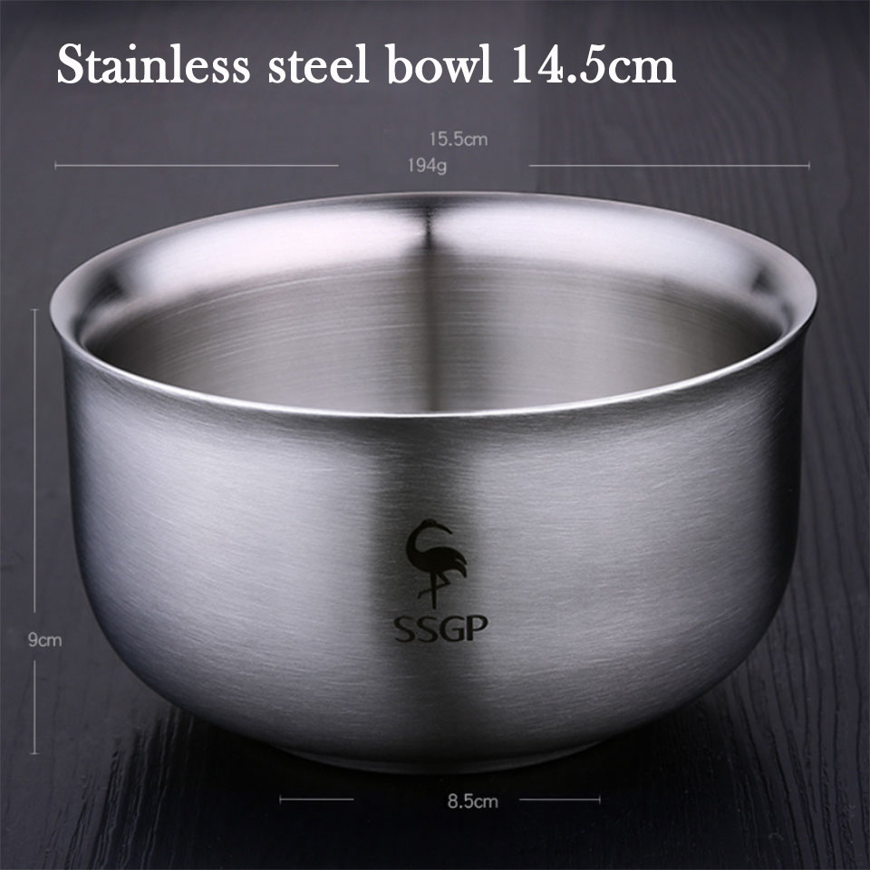 Tazón de acero inoxidable ssgp 304, recipiente doble anti-escaldamiento para alimentos, tazón de arroz coreano, ensalada, fideos instantáneos, tazón de sopa de metal.: 14.5cm