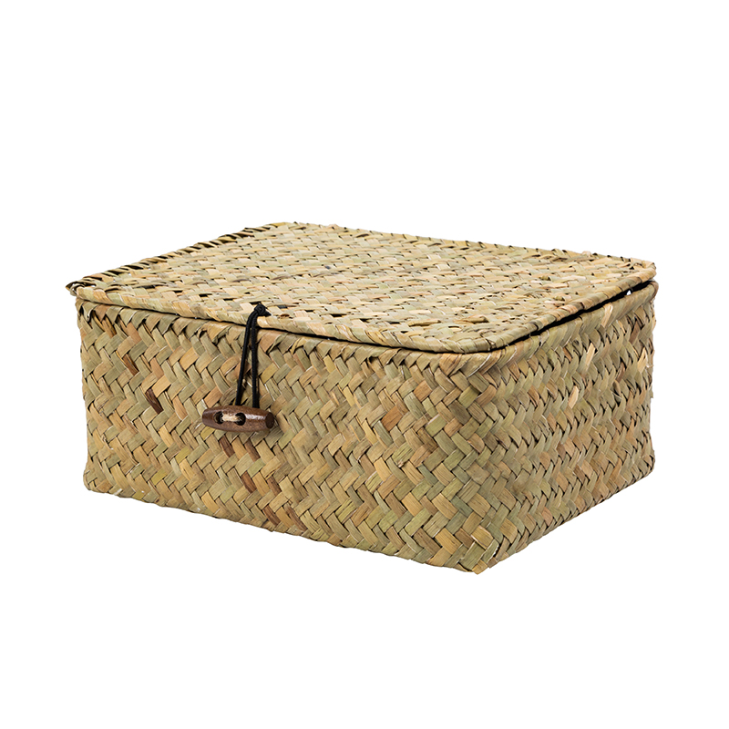 Rattan vævede opbevaringskasser med låg håndlavet flet opbevaringskurv diverse tøj kosmetik container home organizer: Primær farve / L -32 x 22 x 15cm