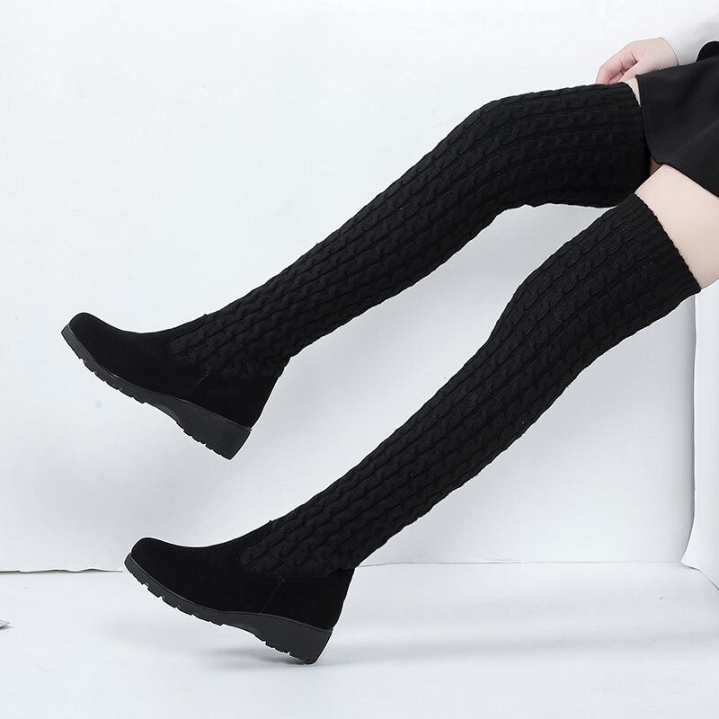 Smala ben spispipa lår höga stövlar kvinnor elastisk flock lång botte låg klack över knä botas vinter stretch strumpor stickning