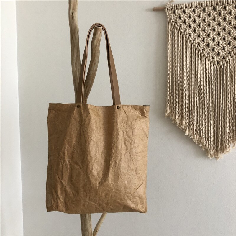Dupont papir tote taske enkelt skulder håndtaske vaskbar tyvek kraft papir indkøbspose med bomuld hør for: Brun