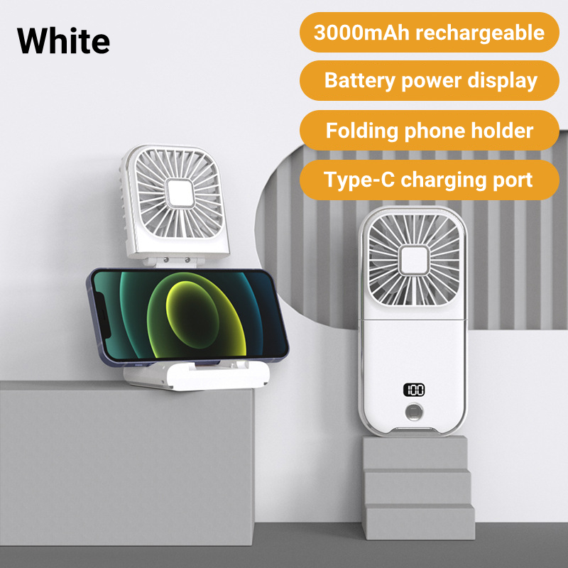 Mini ventilador de mano portátil para exteriores, ventilador de cuello colgante, carga USB, 3000mAh, alimentado por batería 180 ° Ventilador de refrigeración de aire de mesa inalámbrico plegable: Blanco