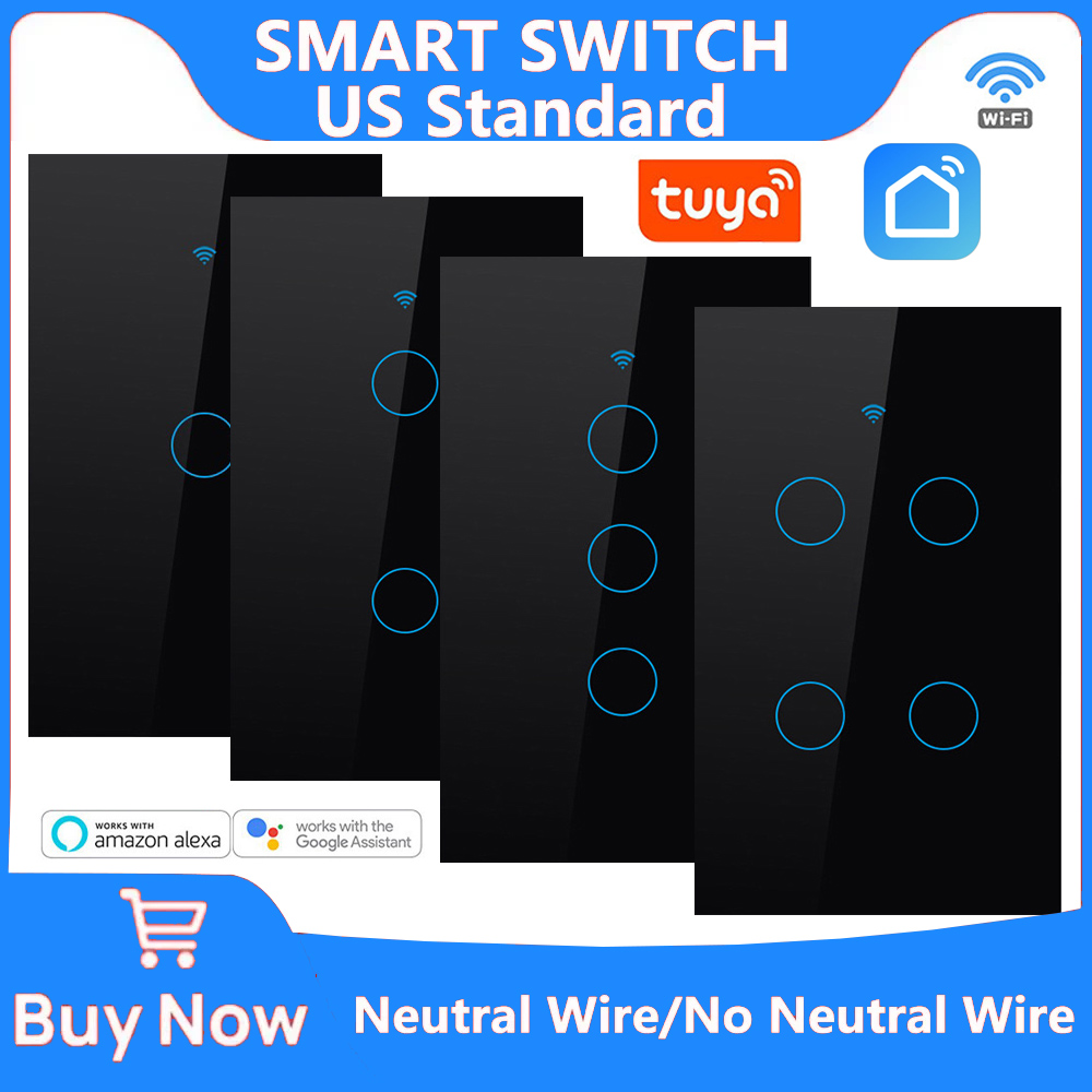 Inteligentne przełączniki Tuya Przewód neutralny USA / Nie wymaga przewodu neutralnego Światło WiFi Przełącznik dotykowy 1/2/3/4 Gang Via Alexa Google Home Alice