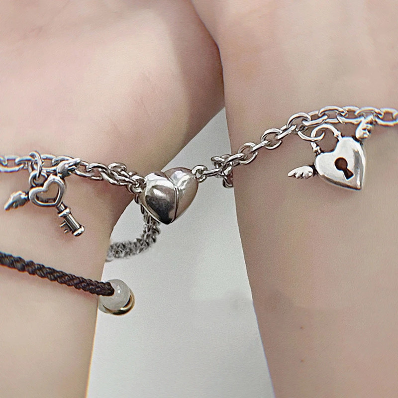 2Pcs Heart Magnet Bracelet for Lovers Stainless Steel Angel Wing Lock Couple Bracelet Heart Charm Friendship Jewelry