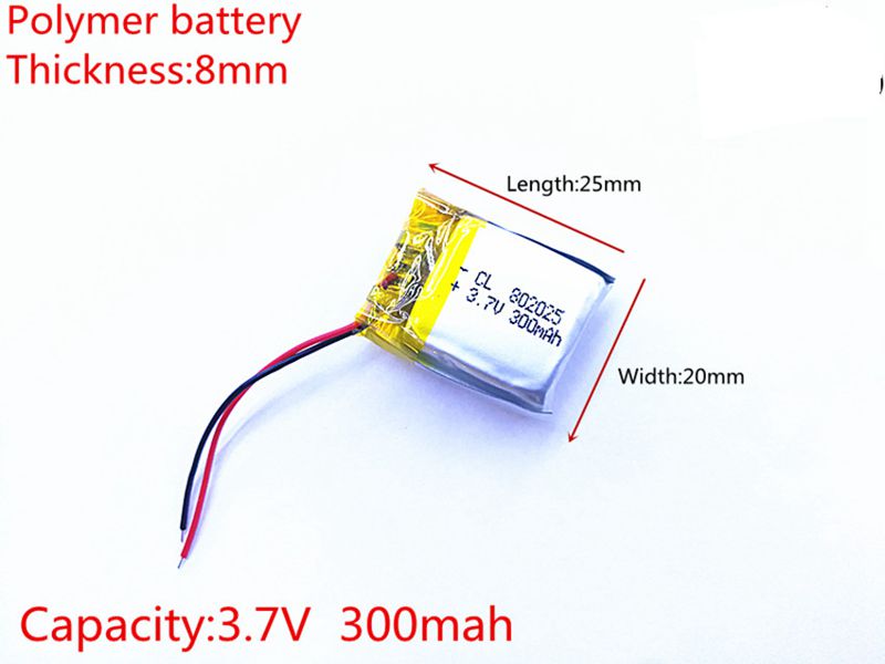 10 stks/partij lithium batterij 3.7 V 300 mAh 802025 PLIB lithium polymeer ion/lithium ion batterij voor DVR gps mp4 mp3