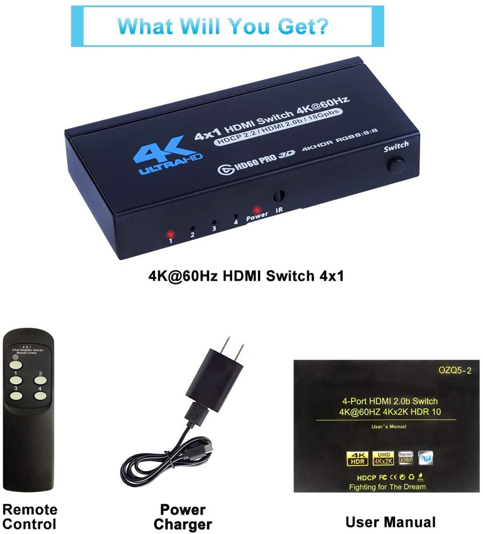 2022 Best 4K HDMI Switch 2.0 Support RGB 4:4:4 HDR HDMI Switch 4K 60Hz HDMI 2.0 Switch Remote IR UHD 4 Port HDMI Switch Switcher