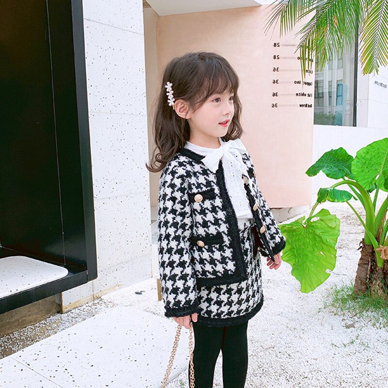 Ropa de invierno para niño niña, conjunto de suéter para niña pequeña, cárdigan, suéter, camiseta + falda a cuadros, traje de ropa de punto de dos piezas