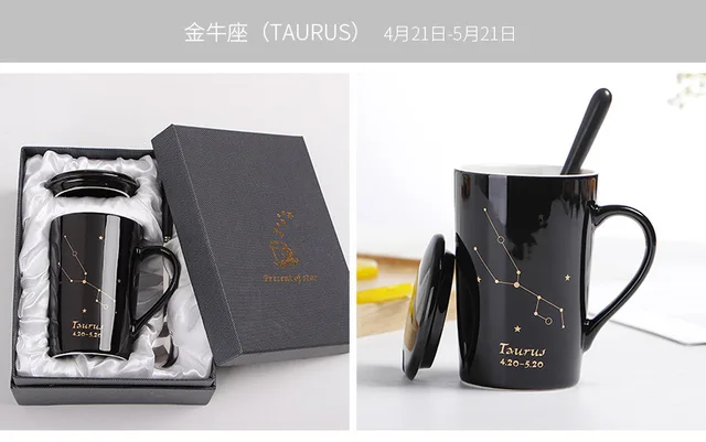 Con caja de , tazas de cerámica de 12 constelaciones, tapa de cuchara, porcelana negra y dorada, taza de café con leche del zodiaco, agua de 400ML: Naranja
