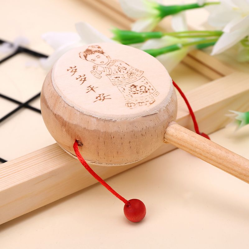 Hout Cartoon Chinese Traditionele Spinning Rammelaar Drum Hand Bell Baby Muzikaal Speelgoed XX9E