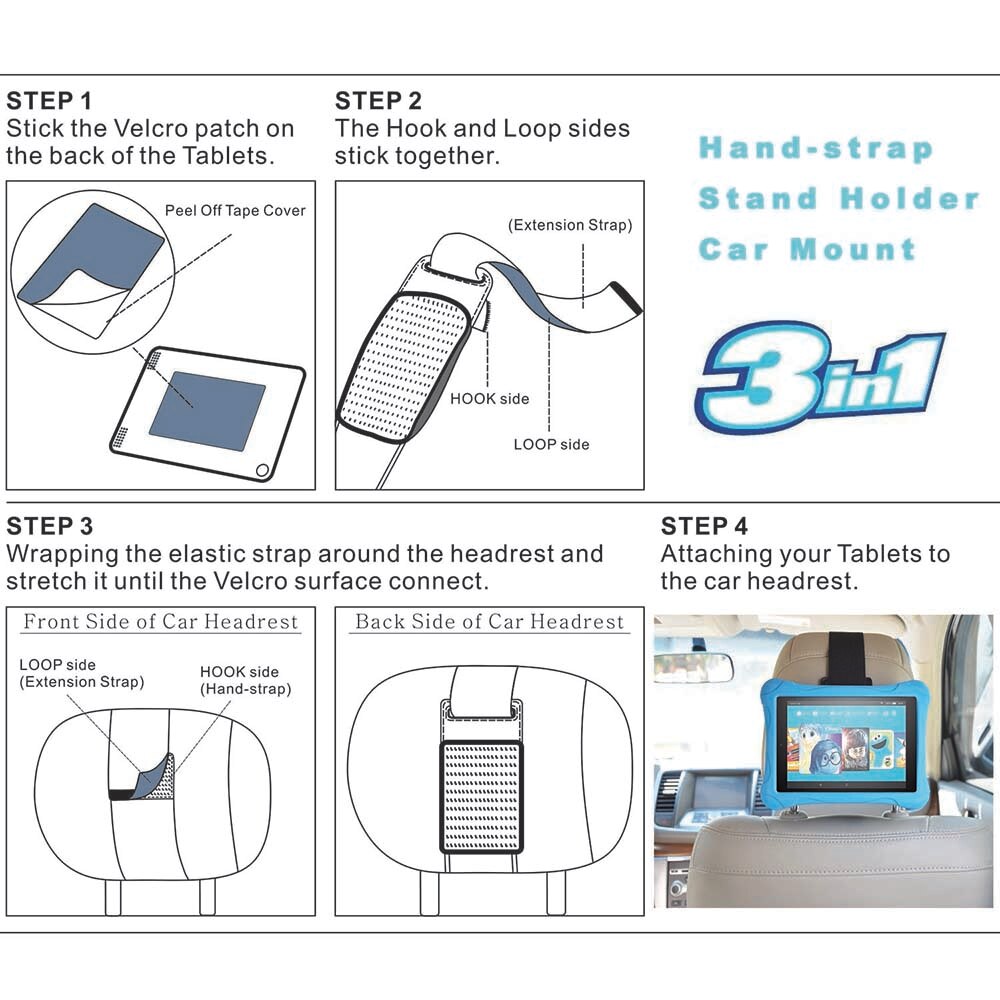 Support 3 en 1 avec dragonne à main support de siège auto et tablette 3 en 1, pour tous les Kindle tablettes et liseuse électronique