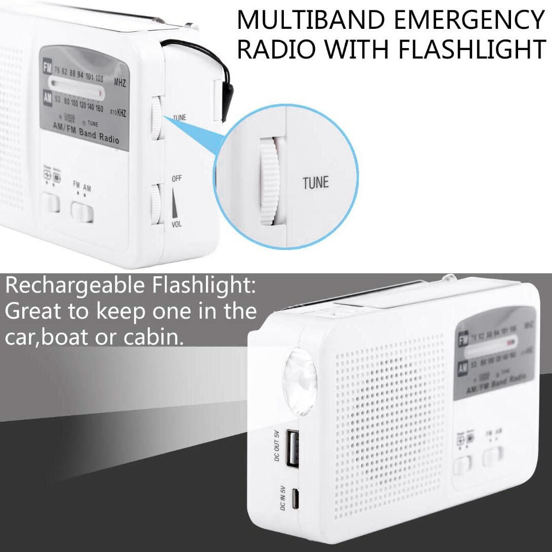 Emergency Radio with Solar and Hand Crank Self Powered, Battery USB Recharging FM/AM Radio LED Flashlight Phone Charger