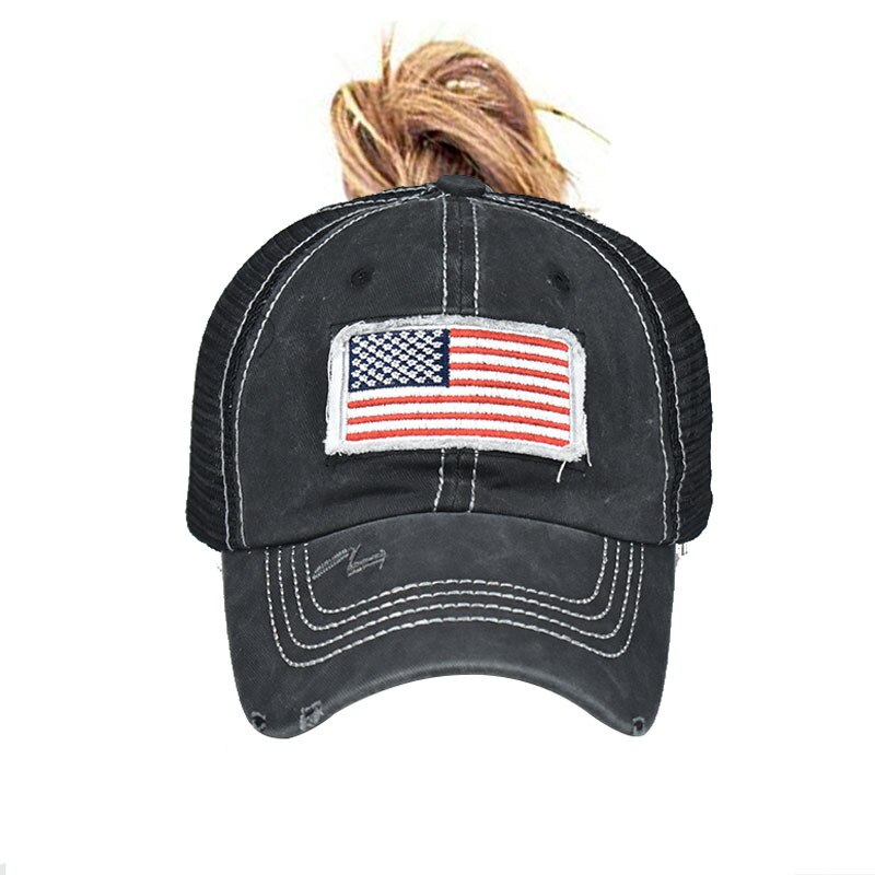 Ren bomuld vasket hestehale hul flag broderet baseball kasket hestehale hat buet skygge hestehale casquette: Netkappe sort