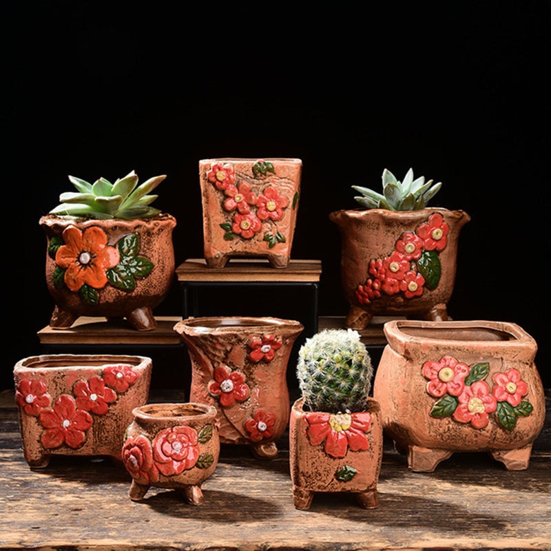 Ceramic Flowerpot Coarse Poterry Floral Pattern Fleshy Plant Pot Breathable Vase Office Desktop Ornaments Garden Decor