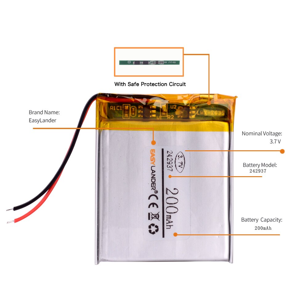 Mp3 Mp4 Player replacement battery for 242937 3.7v 200mAh rechargeable li Tablet polymer battery 253035